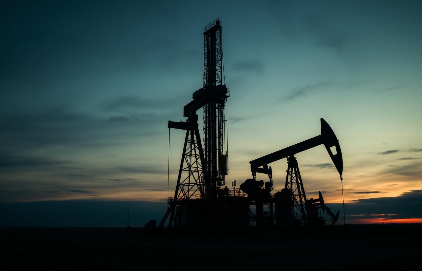 Drilling rig silhouetted at dusk on the Canadian prairies
